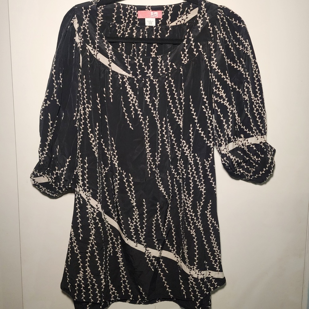 Lux Silk Tunic Blouse Womens Large Black Cream Vine Print Excellent Puff Sleeve